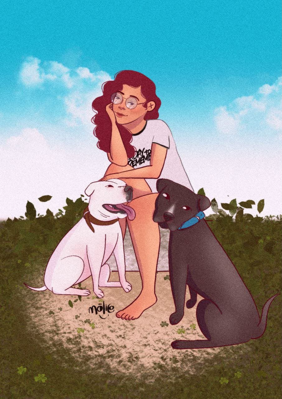 Ilustração da professora Tammy sentada ao ar livre com seus dois cachorros